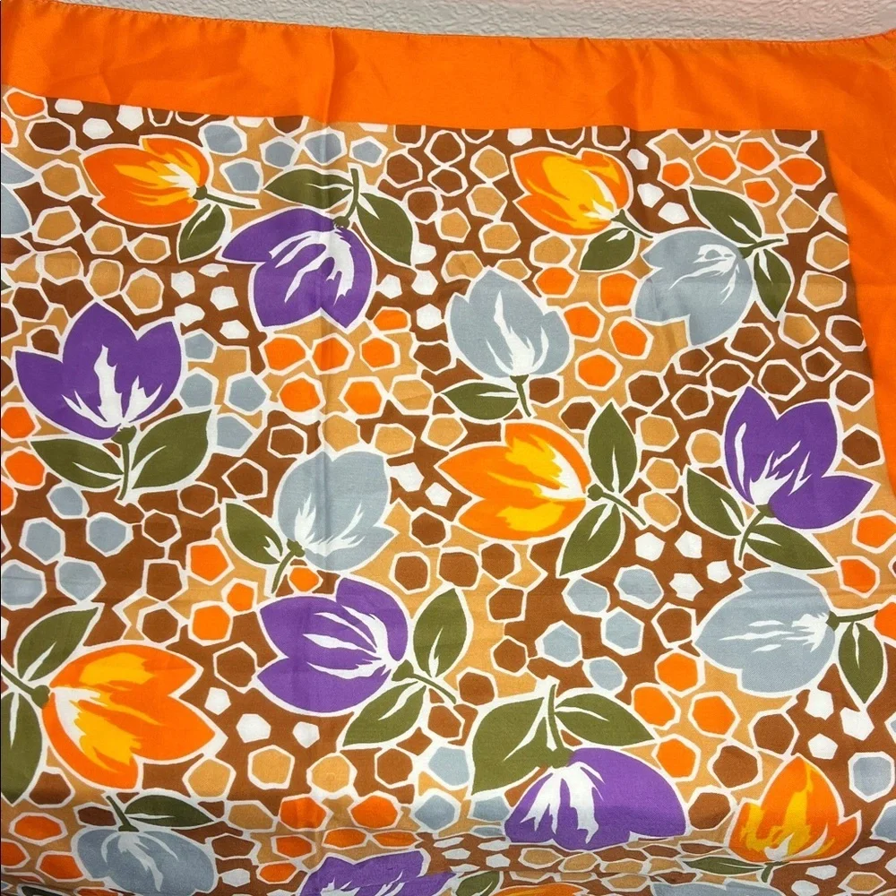 Vintage Floral Square Scarf 30.5x30.5 Orange Purple Retro Mod Print
